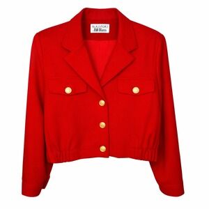 Bill Blass Sport Cherry Red Cropped Jacket Size 8 Gold Buttons Elastic Waist Vtg